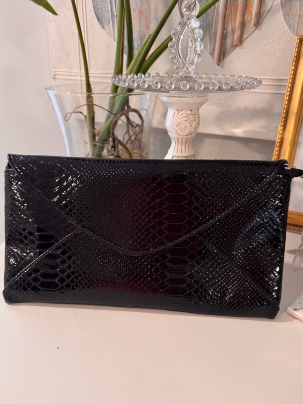Black Faux Snakeskin Envelope
Clutch - Women's Bag